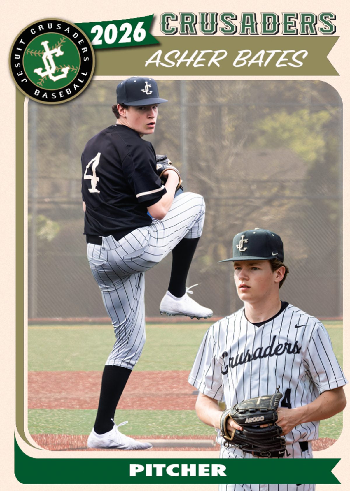 He balances mid-windup, glove raised, focused entirely on the throw ahead. Jesuit High School Baseball, Portland, 2026.